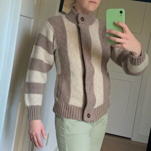 Vintage 80s LeRoy 100% Wool Sweater Beige Brown Buttons and Zip
